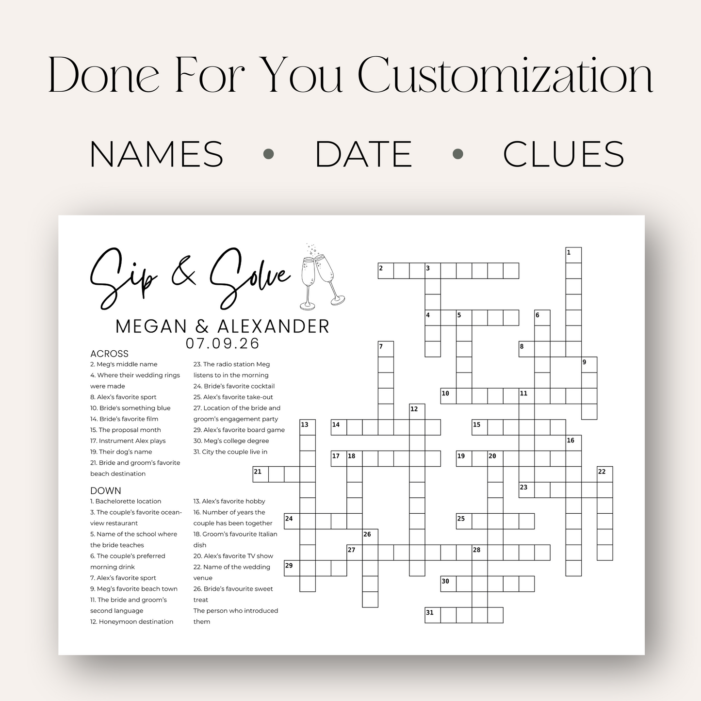 Champagne Toast Sip & Solve Wedding Crossword Puzzle