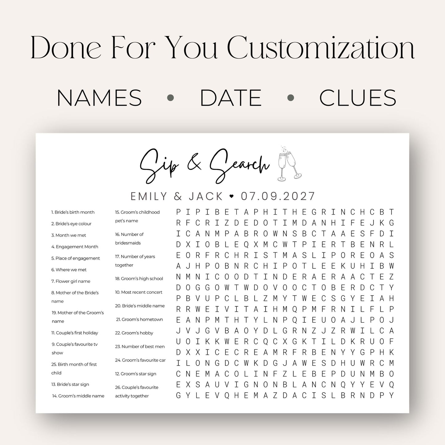 Champagne Toast Wedding Word Search